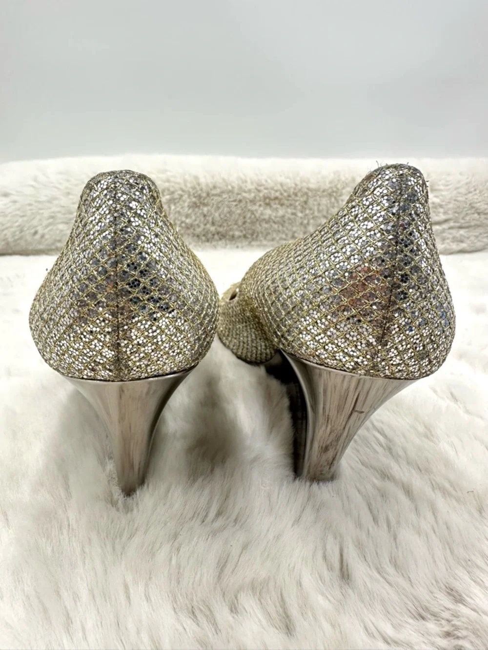 Jimmy Choo Isabel Champagne Glitter Peep Toe Pumps 40.5 US 10.5 Gold Heels